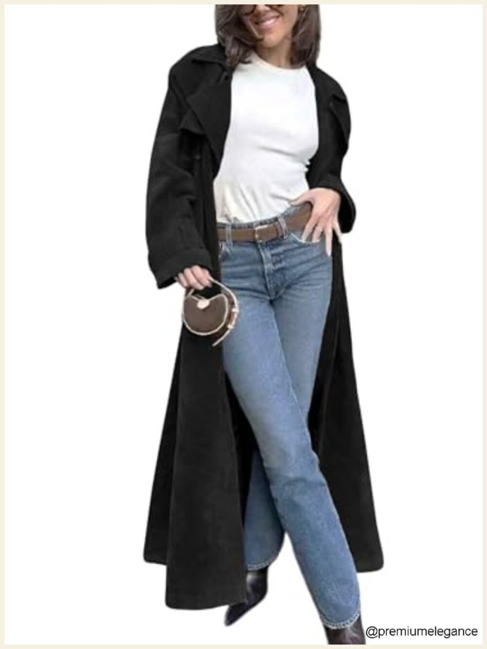 Women's Faux Suede Long Trench Coat Notched Lapel Double Breasted Pea Coat